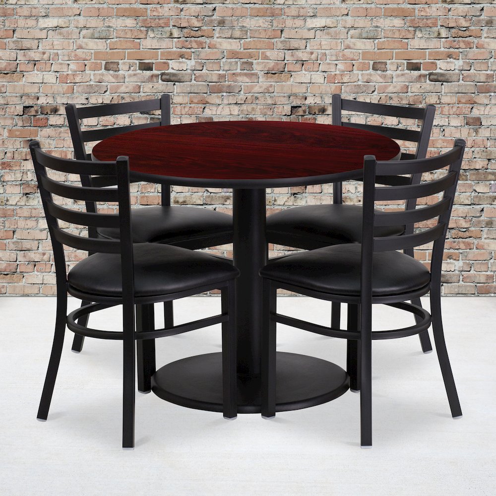 36” Mahogany Table Set with Base and 4 Metal Chairs – Black Vinyl Seat