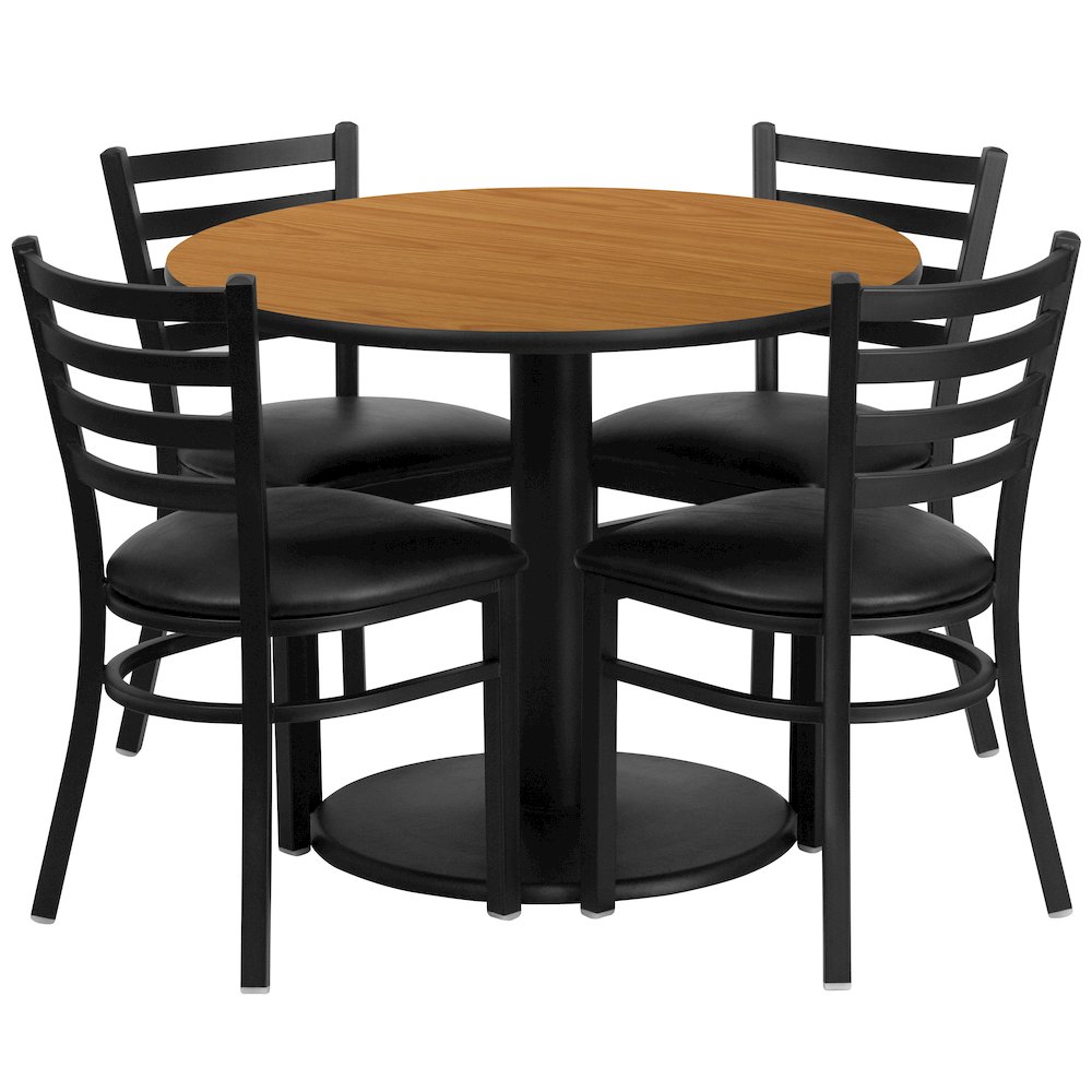 36” Natural Table Set with Base and 4 Metal Chairs – Black Vinyl Seat