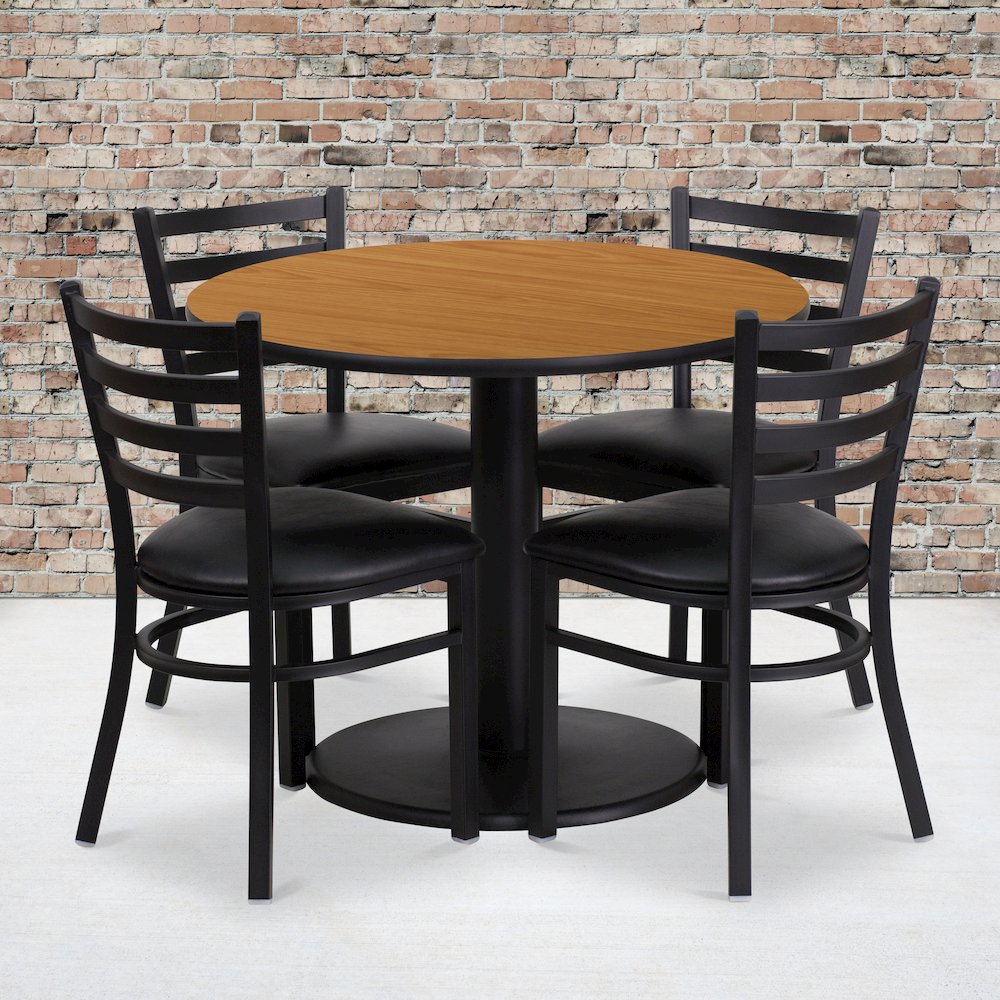 36” Natural Table Set with Base and 4 Metal Chairs – Black Vinyl Seat