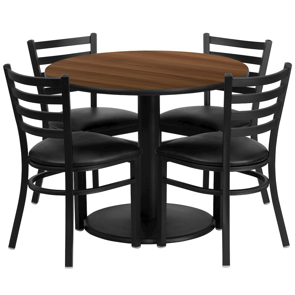36” Walnut Table Set with Base and 4 Metal Chairs – Black Vinyl Seat
