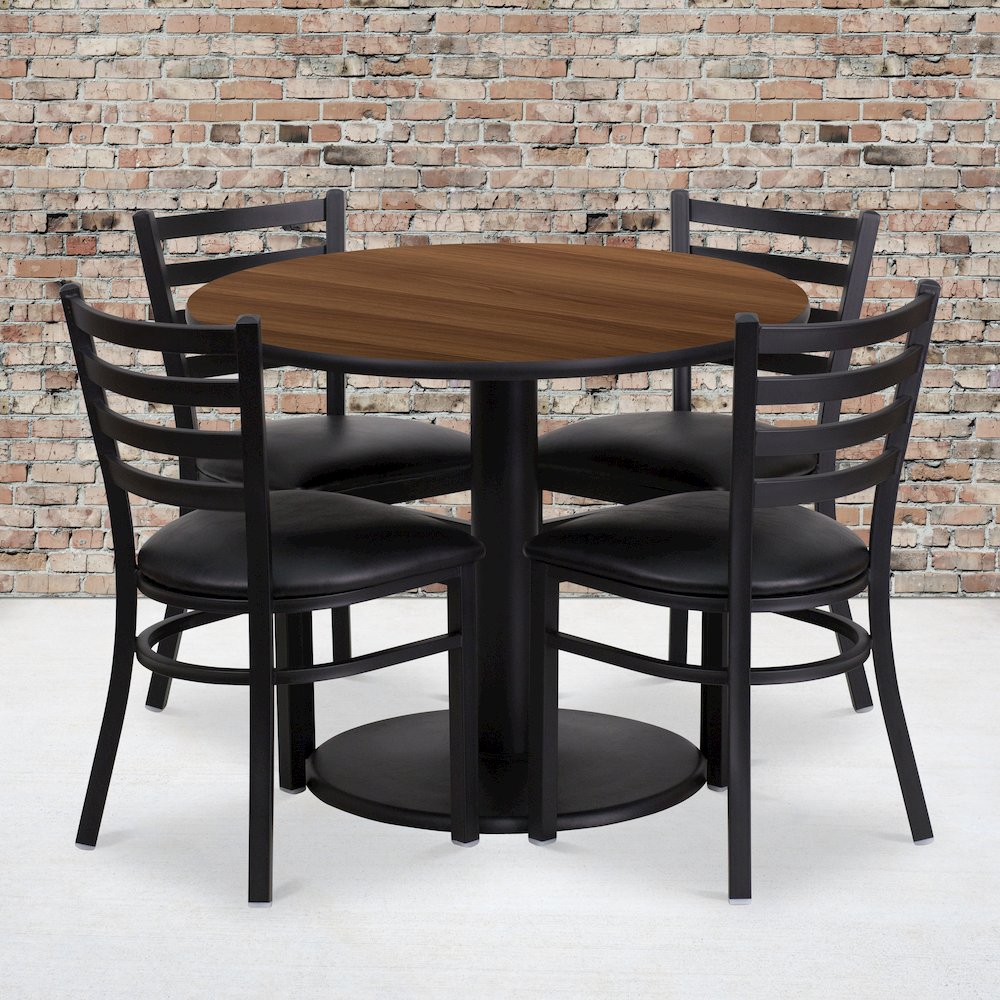 36” Walnut Table Set with Base and 4 Metal Chairs – Black Vinyl Seat