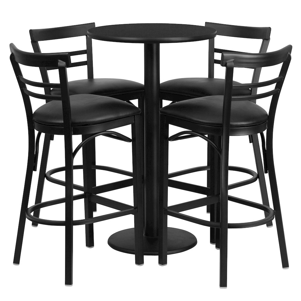24” Black Table Set with Base and 4 Two-Slat Metal Barstools – Black Vinyl Seat