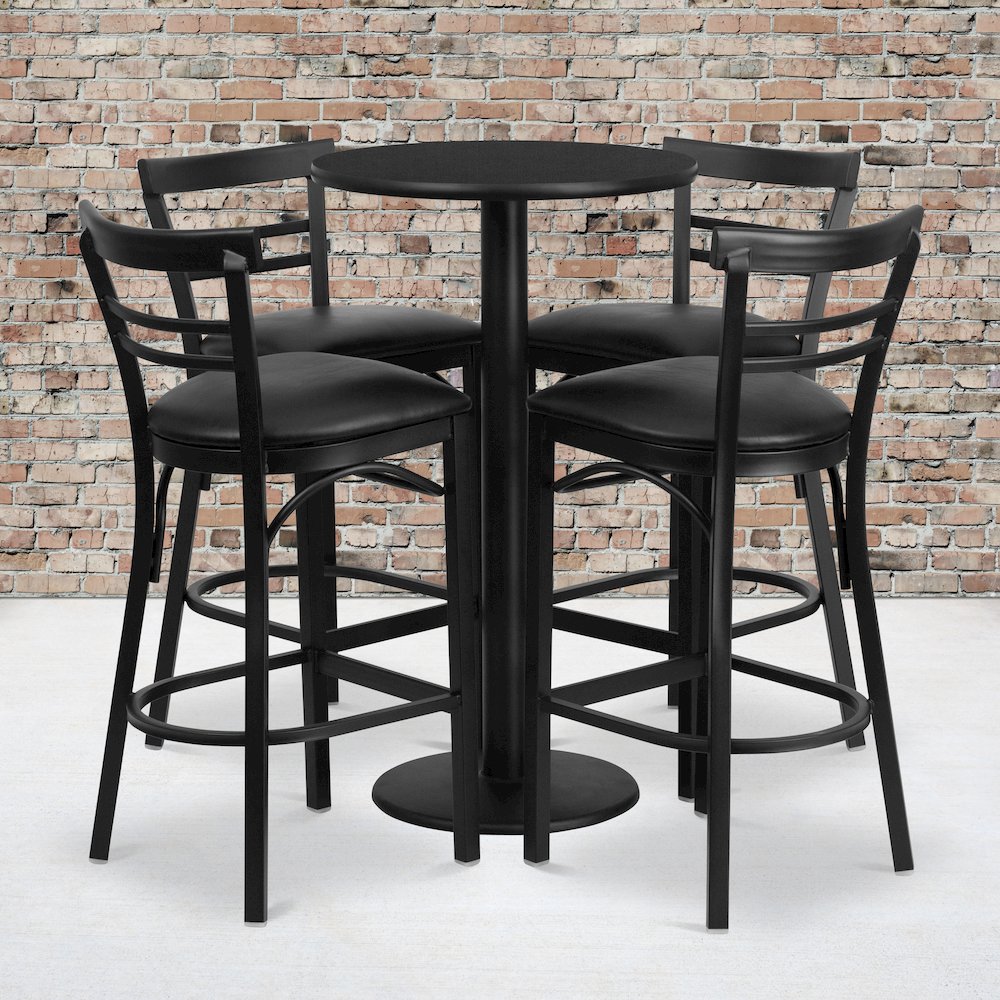 24” Black Table Set with Base and 4 Two-Slat Metal Barstools – Black Vinyl Seat