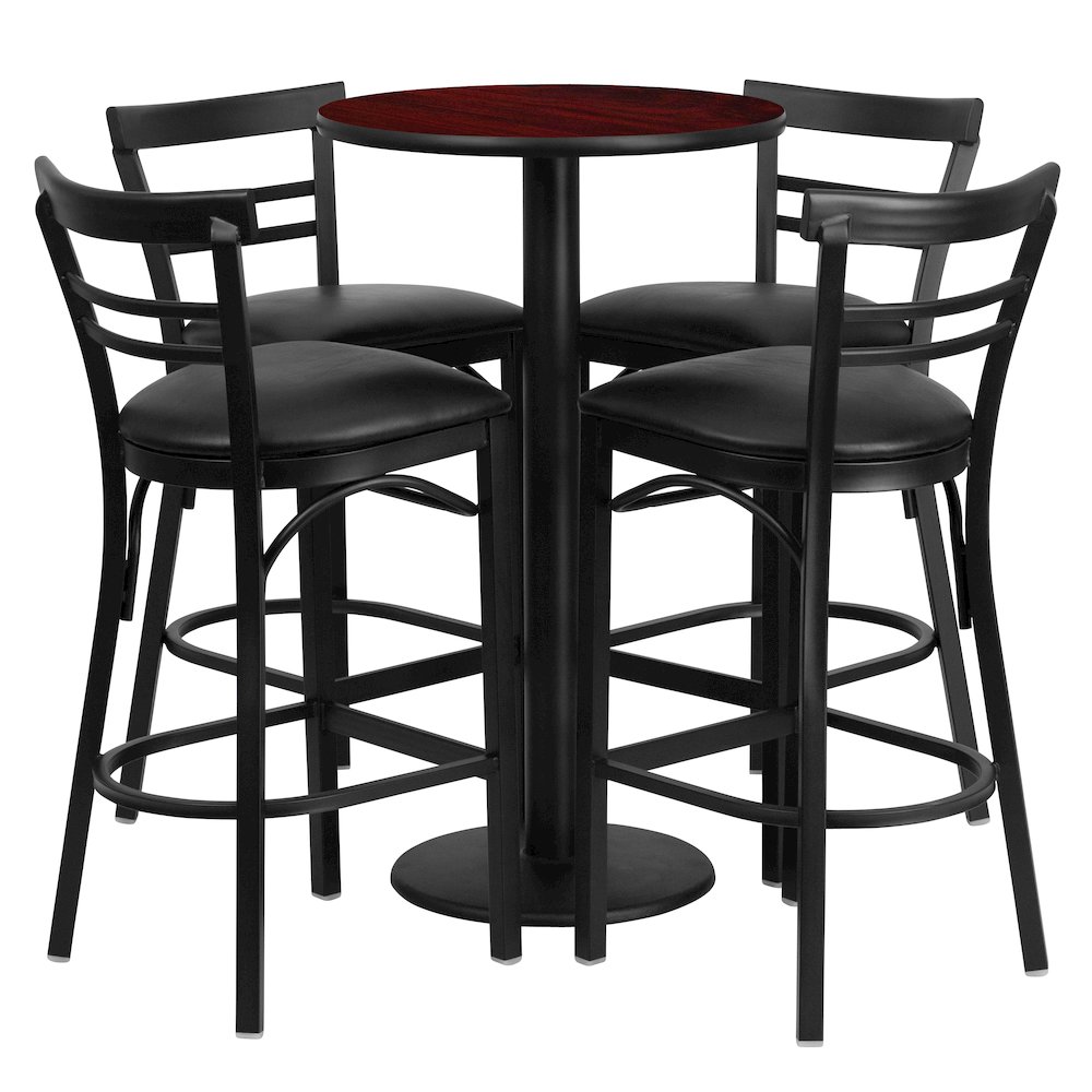 24” Mahogany Table Set with 4 Two-Slat Metal Barstools – Black Vinyl Seat