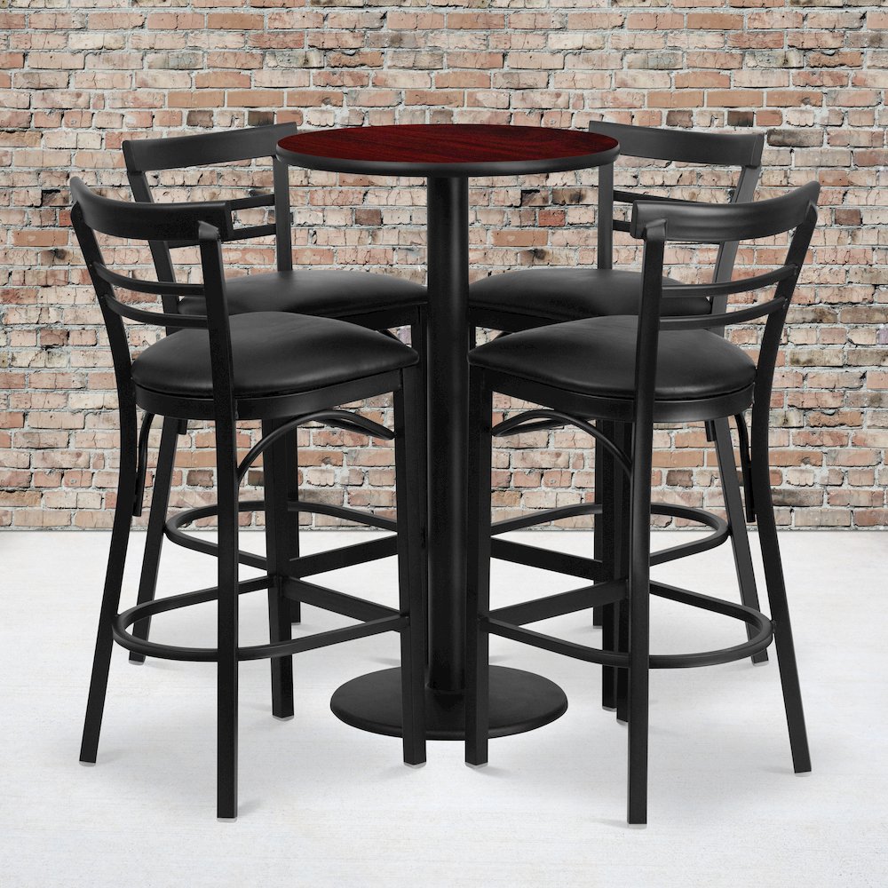 24” Mahogany Table Set with 4 Two-Slat Metal Barstools – Black Vinyl Seat