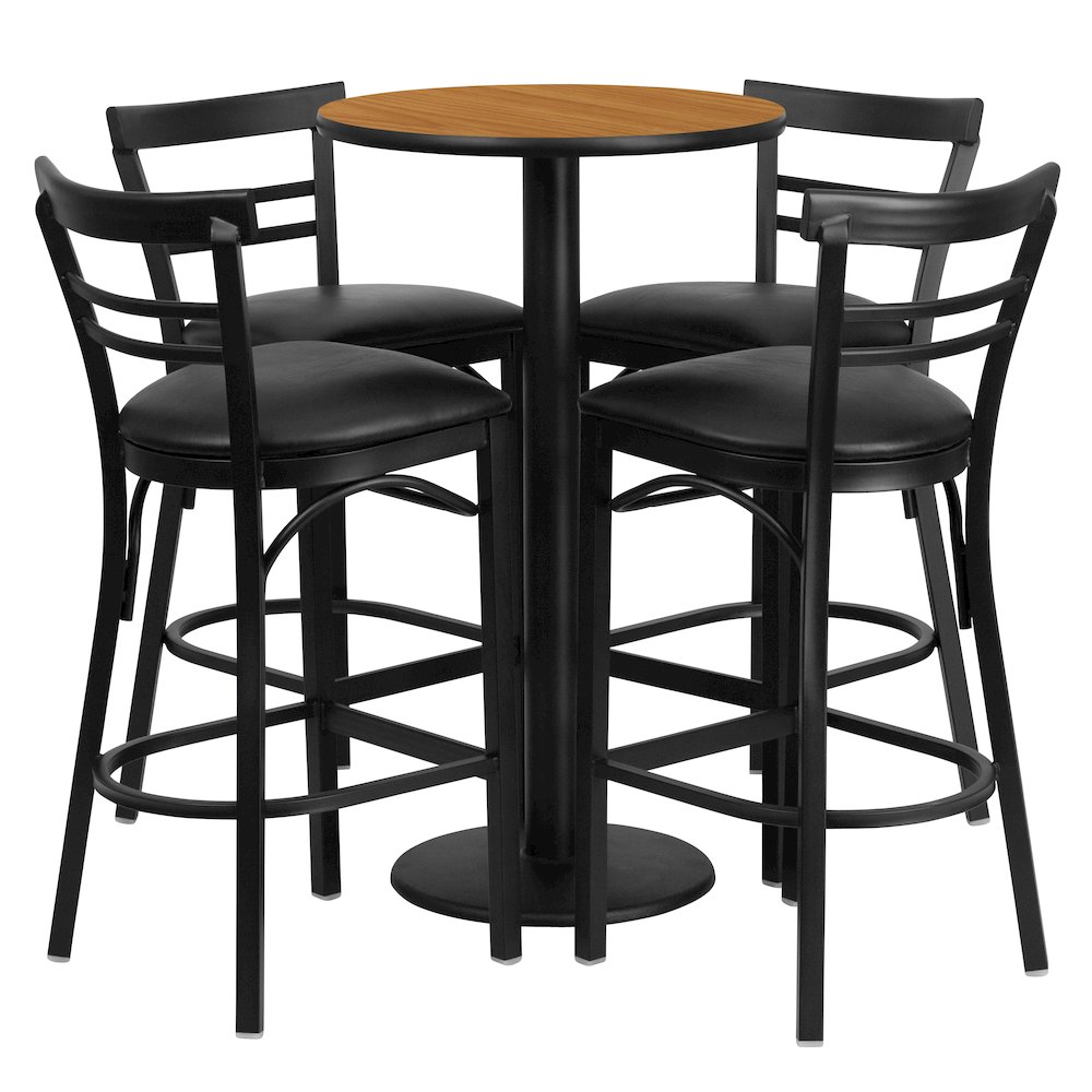 24” Natural Table Set with 4 Two-Slat Metal Barstools – Black Vinyl Seat