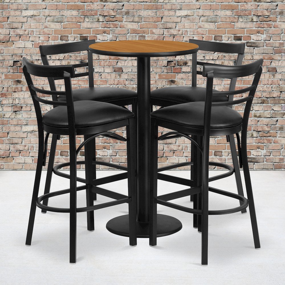 24” Natural Table Set with 4 Two-Slat Metal Barstools – Black Vinyl Seat