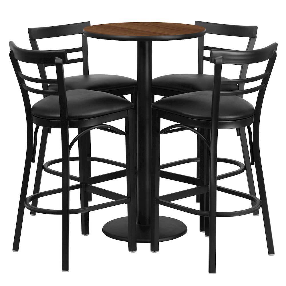 24” Walnut Table Set with 4 Two-Slat Metal Barstools – Black Vinyl Seat