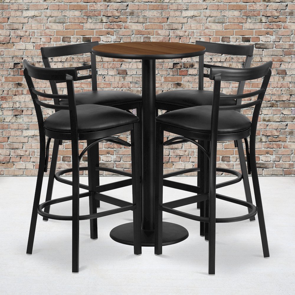 24” Walnut Table Set with 4 Two-Slat Metal Barstools – Black Vinyl Seat