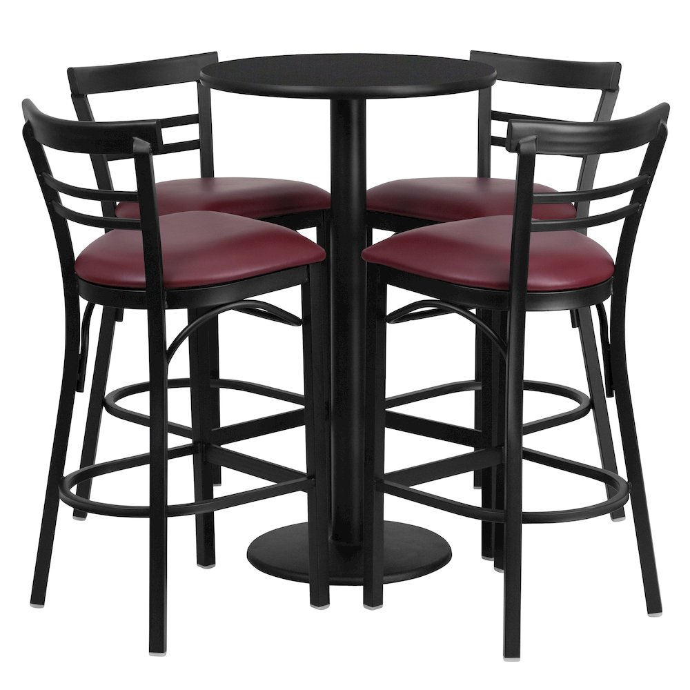 24” Black Table Set with 4 Two-Slat Metal Barstools – Burgundy Vinyl Seat