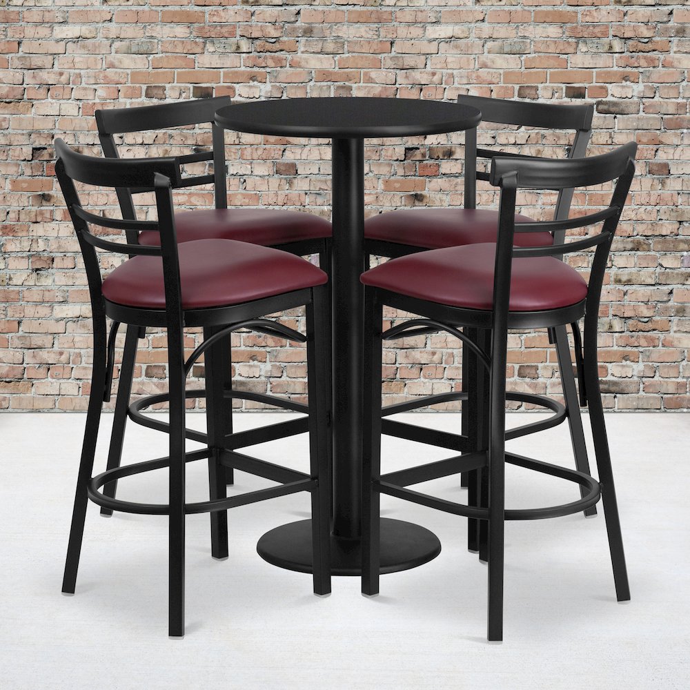 24” Black Table Set with 4 Two-Slat Metal Barstools – Burgundy Vinyl Seat