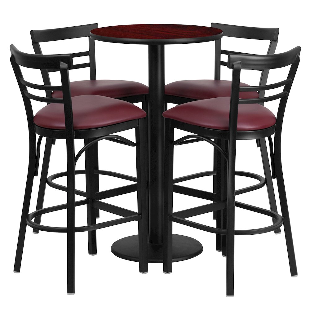 24” Mahogany Table Set with 4 Two-Slat Metal Barstools – Burgundy Vinyl Seat