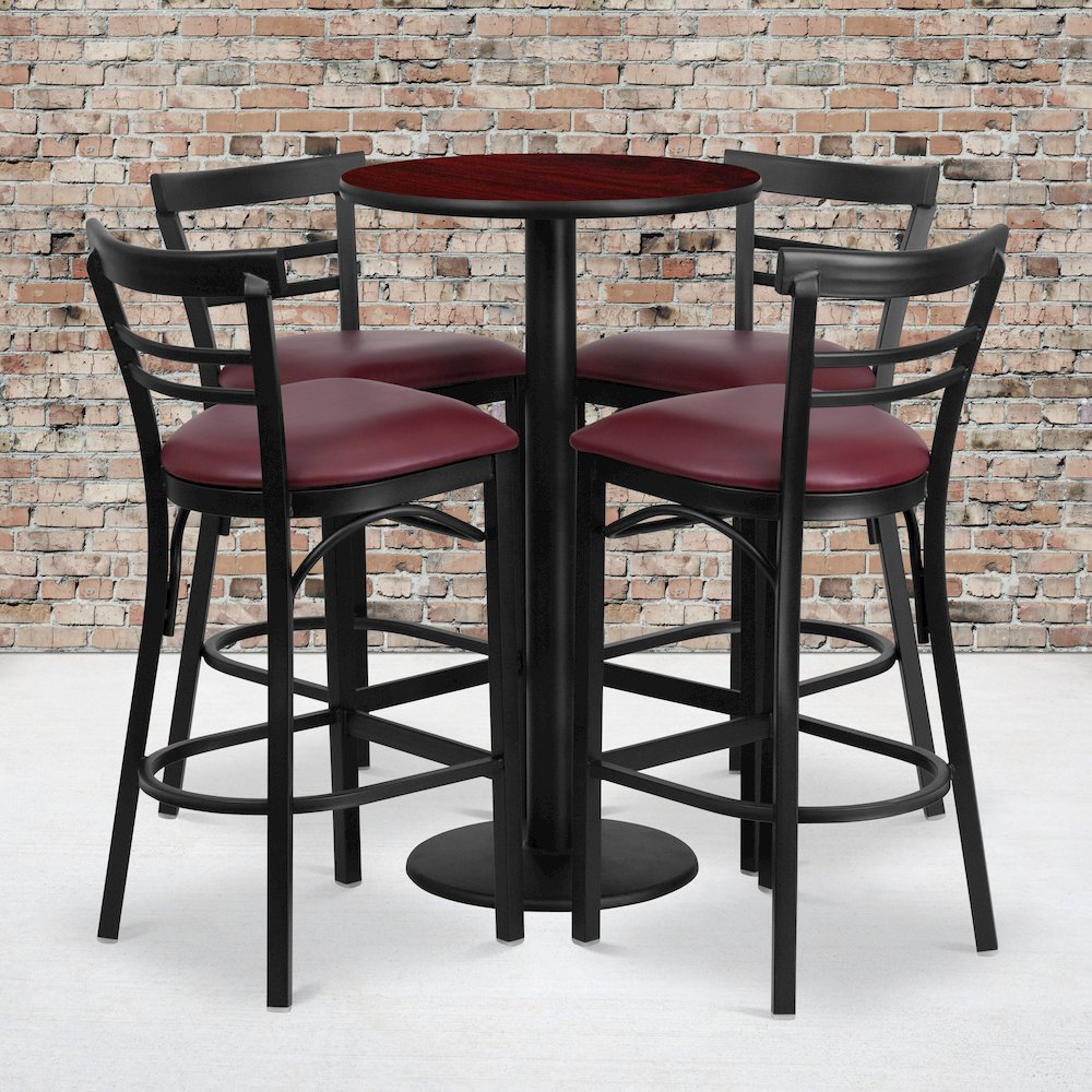 24” Mahogany Table Set with 4 Two-Slat Metal Barstools – Burgundy Vinyl Seat