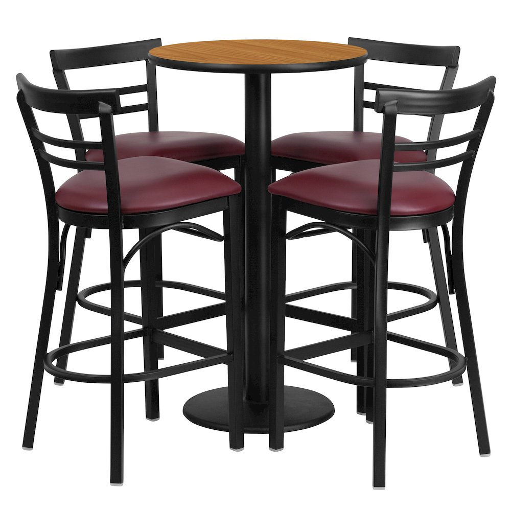 24” Natural Table Set with 4 Two-Slat Metal Barstools – Burgundy Vinyl Seat