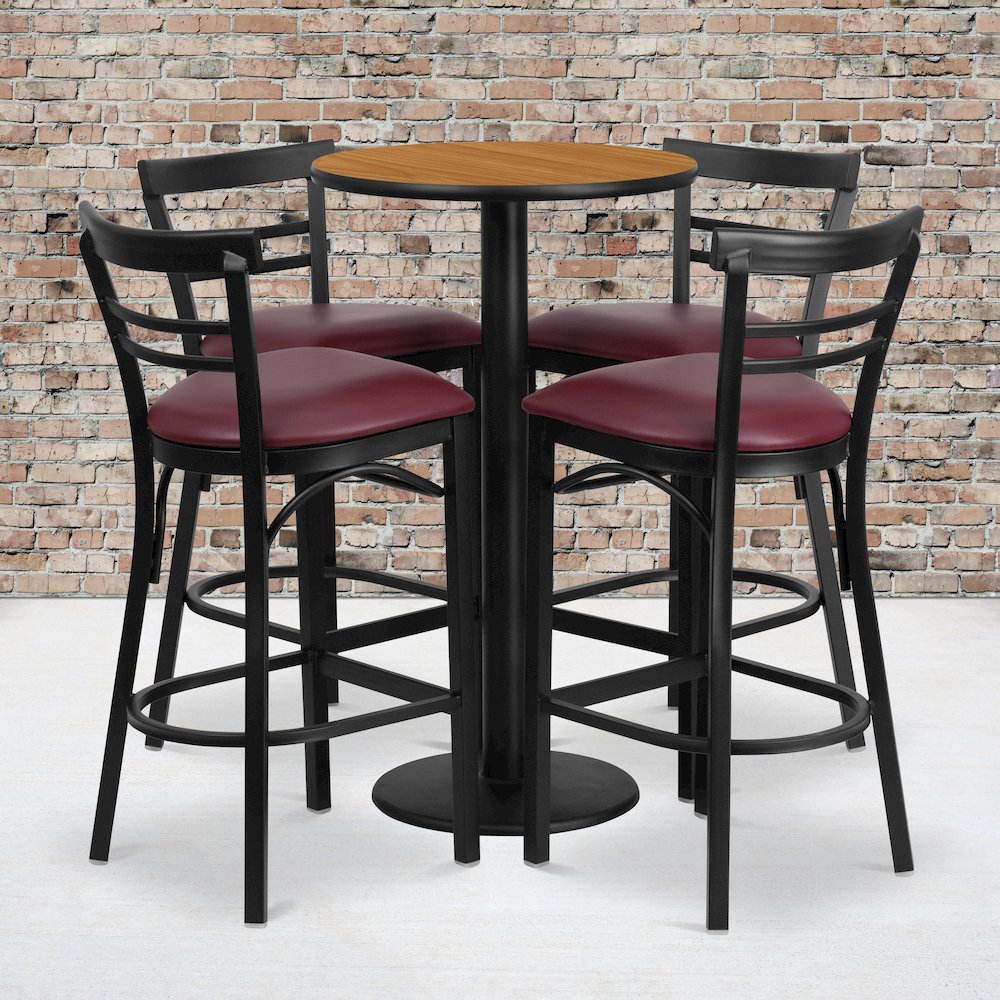 24” Natural Table Set with 4 Two-Slat Metal Barstools – Burgundy Vinyl Seat
