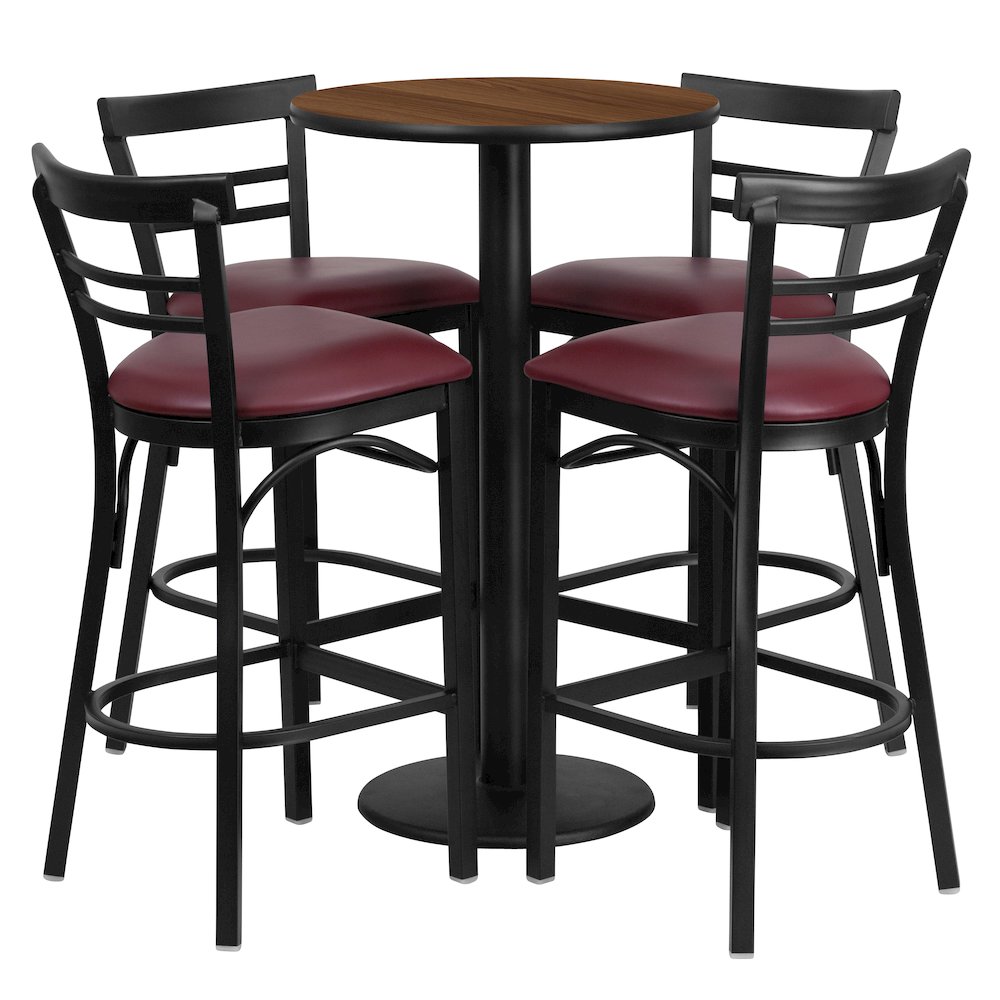 24” Walnut Table Set with 4 Two-Slat Metal Barstools – Burgundy Vinyl Seat