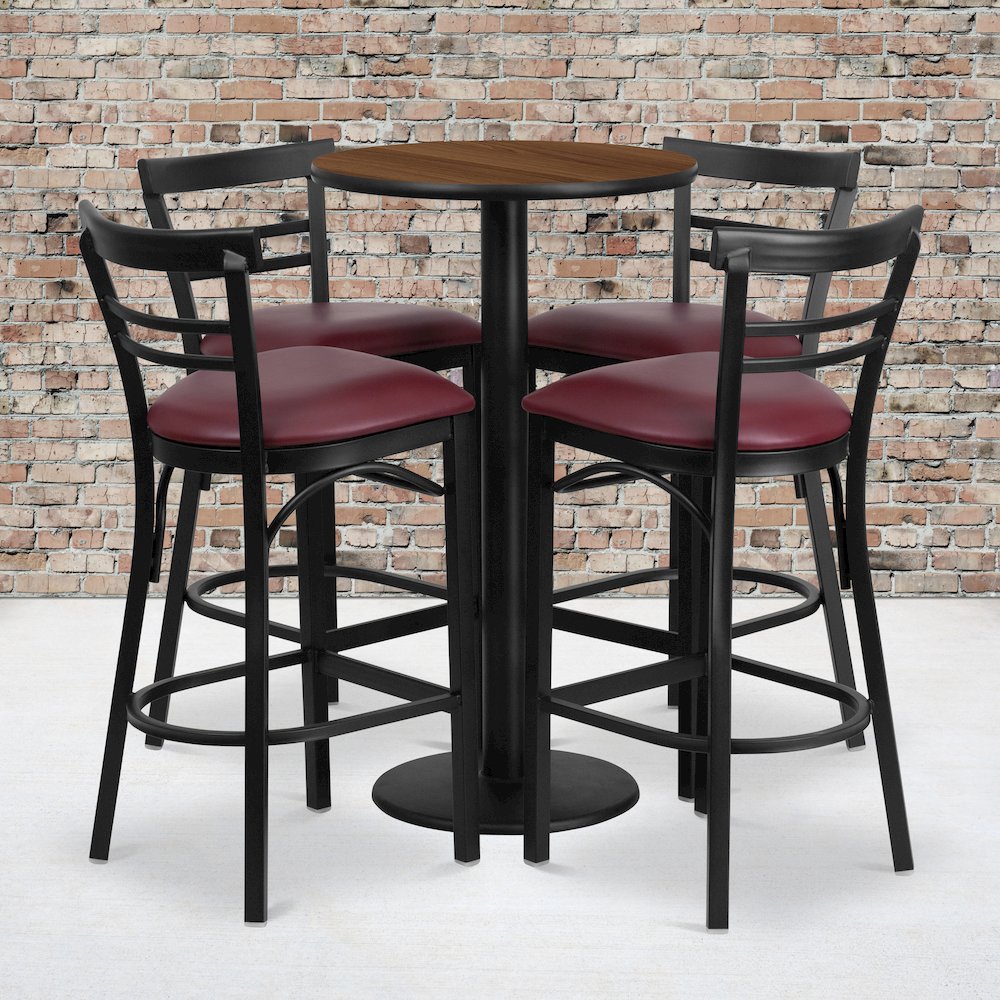 24” Walnut Table Set with 4 Two-Slat Metal Barstools – Burgundy Vinyl Seat
