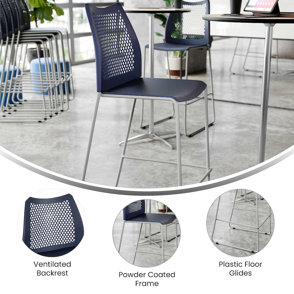 Navy Stack Bar Stool with Air-Vent Back and Gray Powder Coated Sled Base