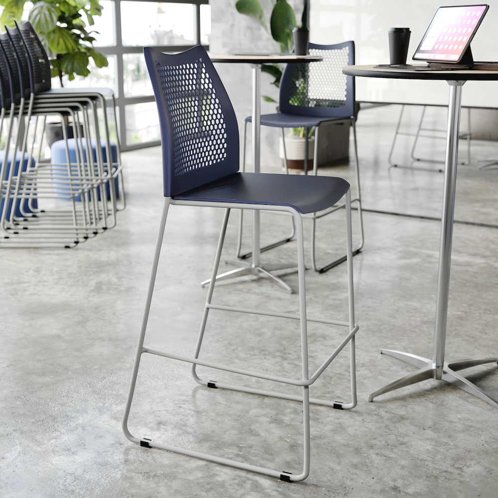Navy Stack Bar Stool with Air-Vent Back and Gray Powder Coated Sled Base