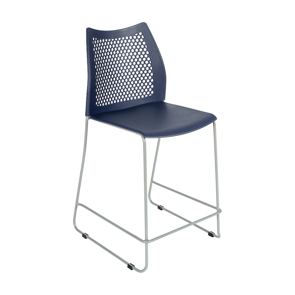 Navy Stack Counter Stool with Air-Vent Back and Gray Powder Coated Sled Base