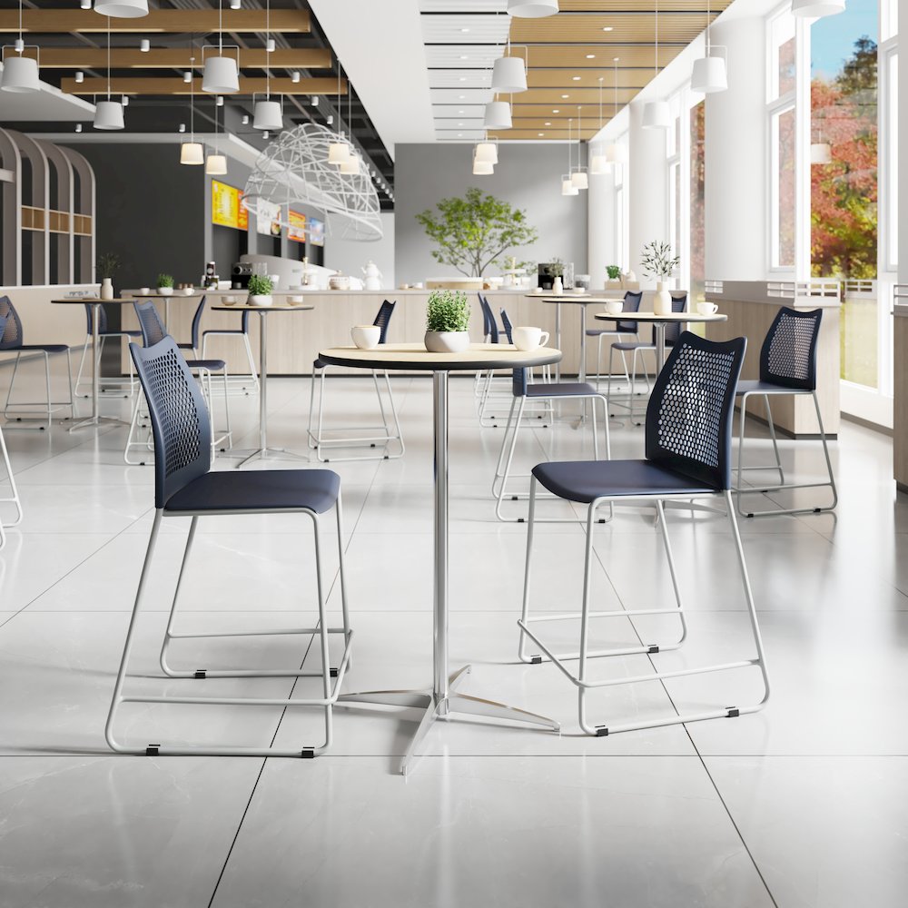 Navy Stack Counter Stool with Air-Vent Back and Gray Powder Coated Sled Base
