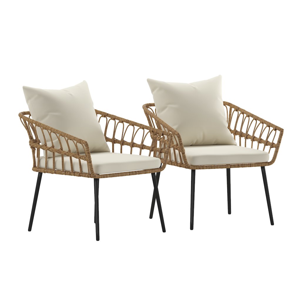 Set of 2 Boho Rope Rattan Wicker Patio Chairs with Cream Cushions