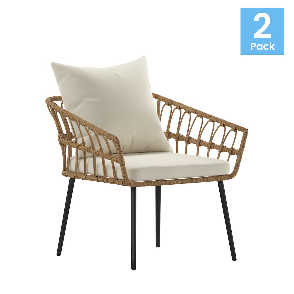 Set of 2 Boho Rope Rattan Wicker Patio Chairs with Cream Cushions
