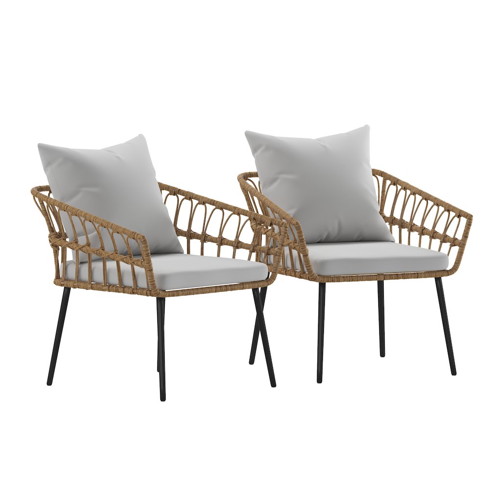 Set of 2 Boho Rope Rattan Wicker Patio Chairs with Gray Cushions