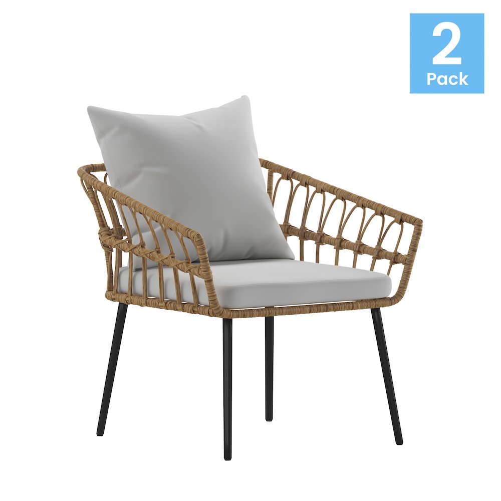 Set of 2 Boho Rope Rattan Wicker Patio Chairs with Gray Cushions