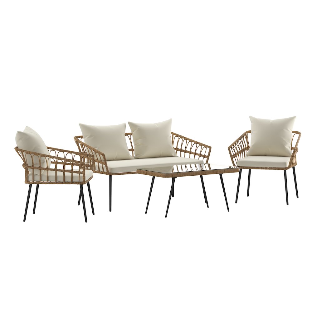 4 Piece Rope Patio Conversation Set with Coffee Table and Cushions