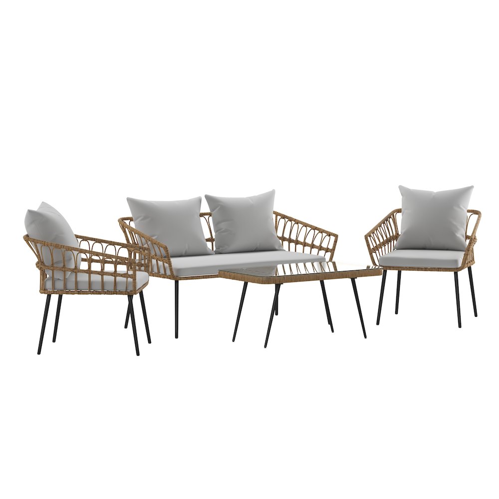 4 Piece Rope Patio Conversation Set with Coffee Table and Gray Cushions