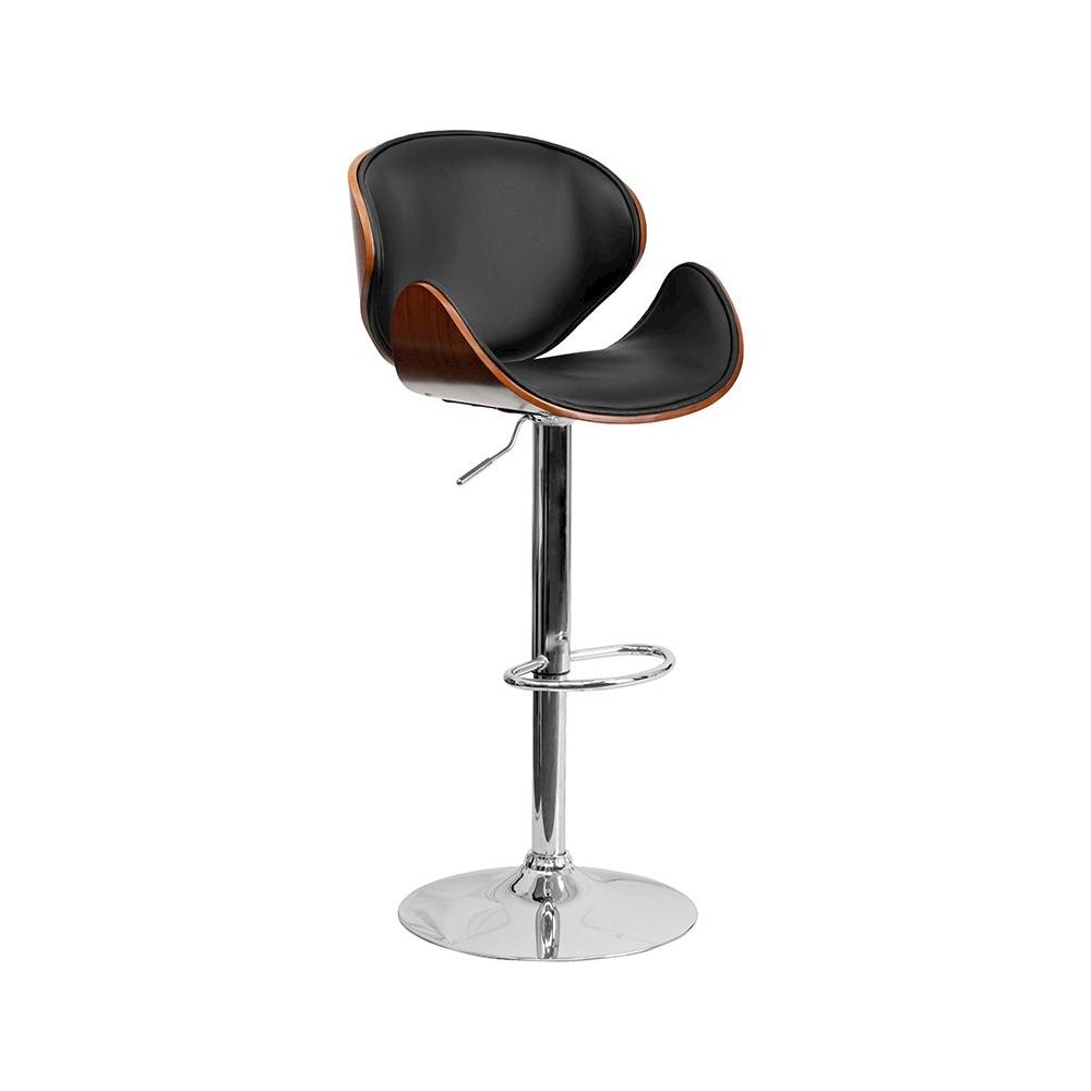 Walnut Bentwood Adjustable Height Barstool with Curved Back and Black Vinyl Seat