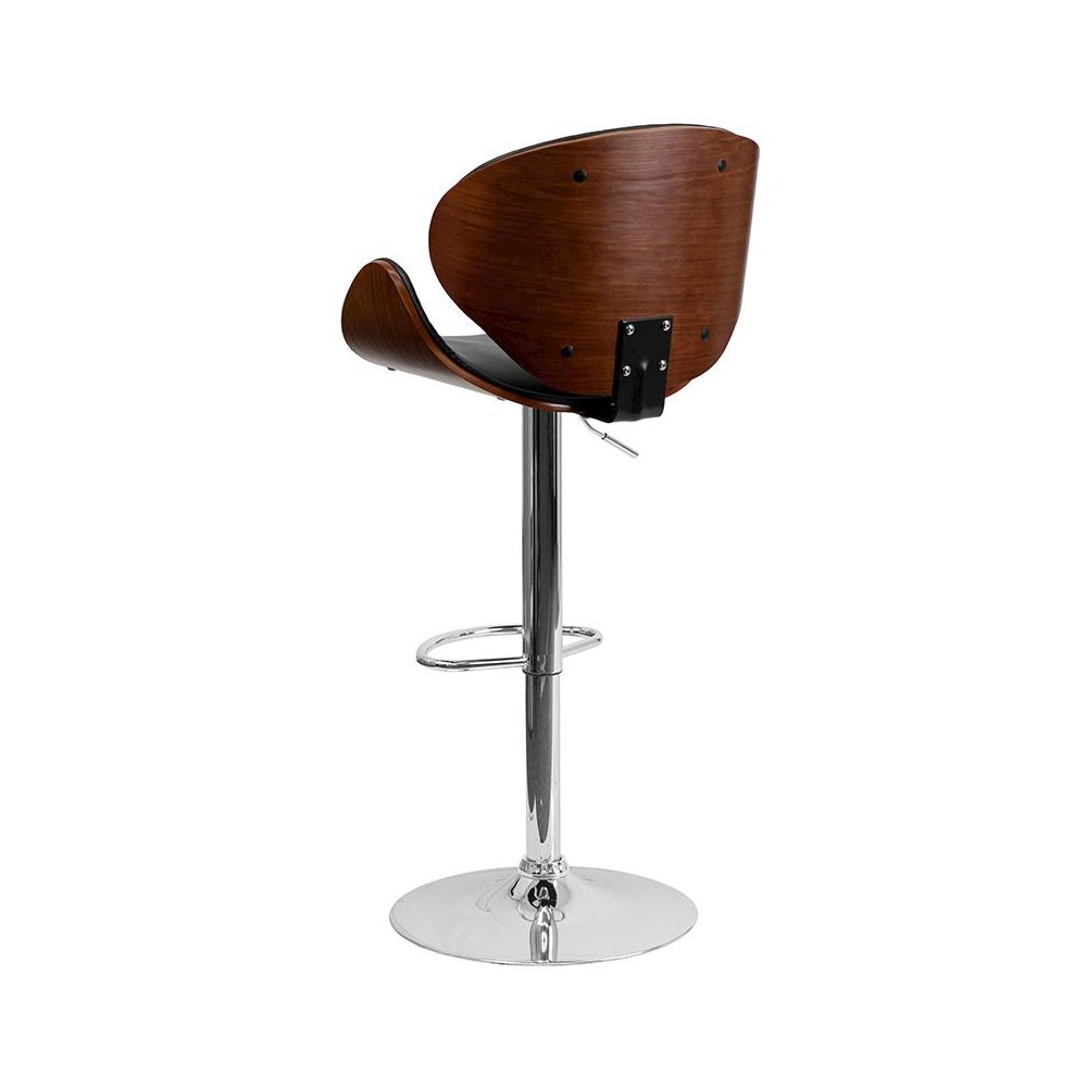 Walnut Bentwood Adjustable Height Barstool with Curved Back and Black Vinyl Seat