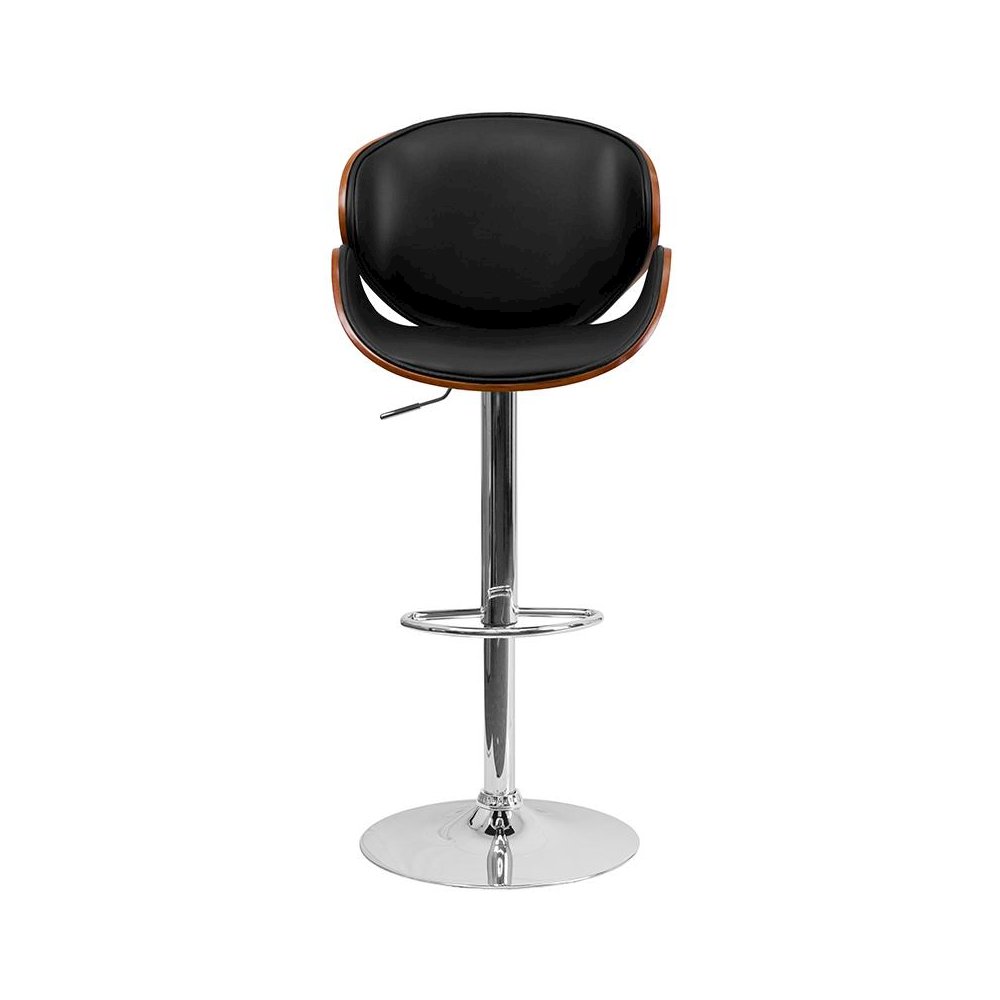 Walnut Bentwood Adjustable Height Barstool with Curved Back and Black Vinyl Seat