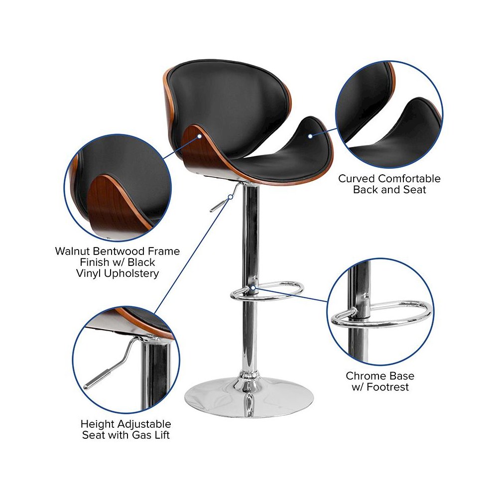 Walnut Bentwood Adjustable Height Barstool with Curved Back and Black Vinyl Seat