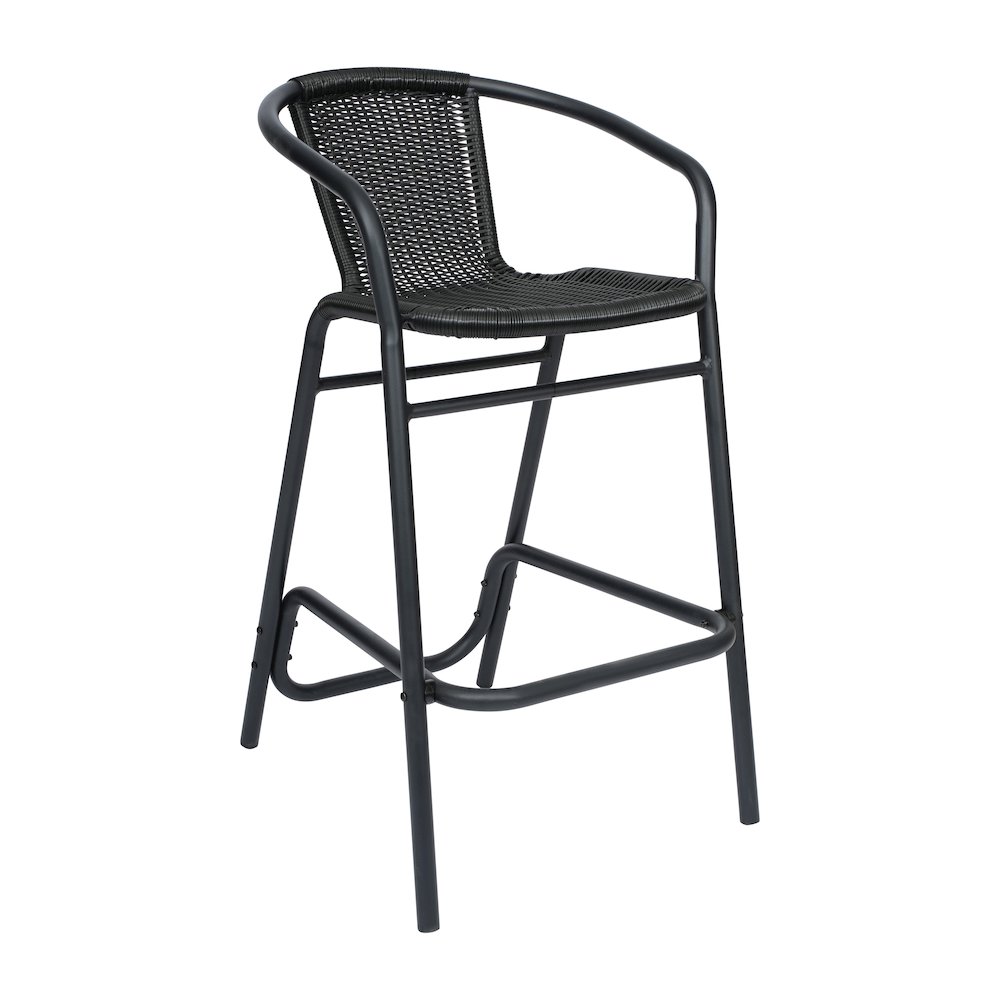 PE Rattan Restaurant Barstool with Black Aluminum Frame and Footrest in Black