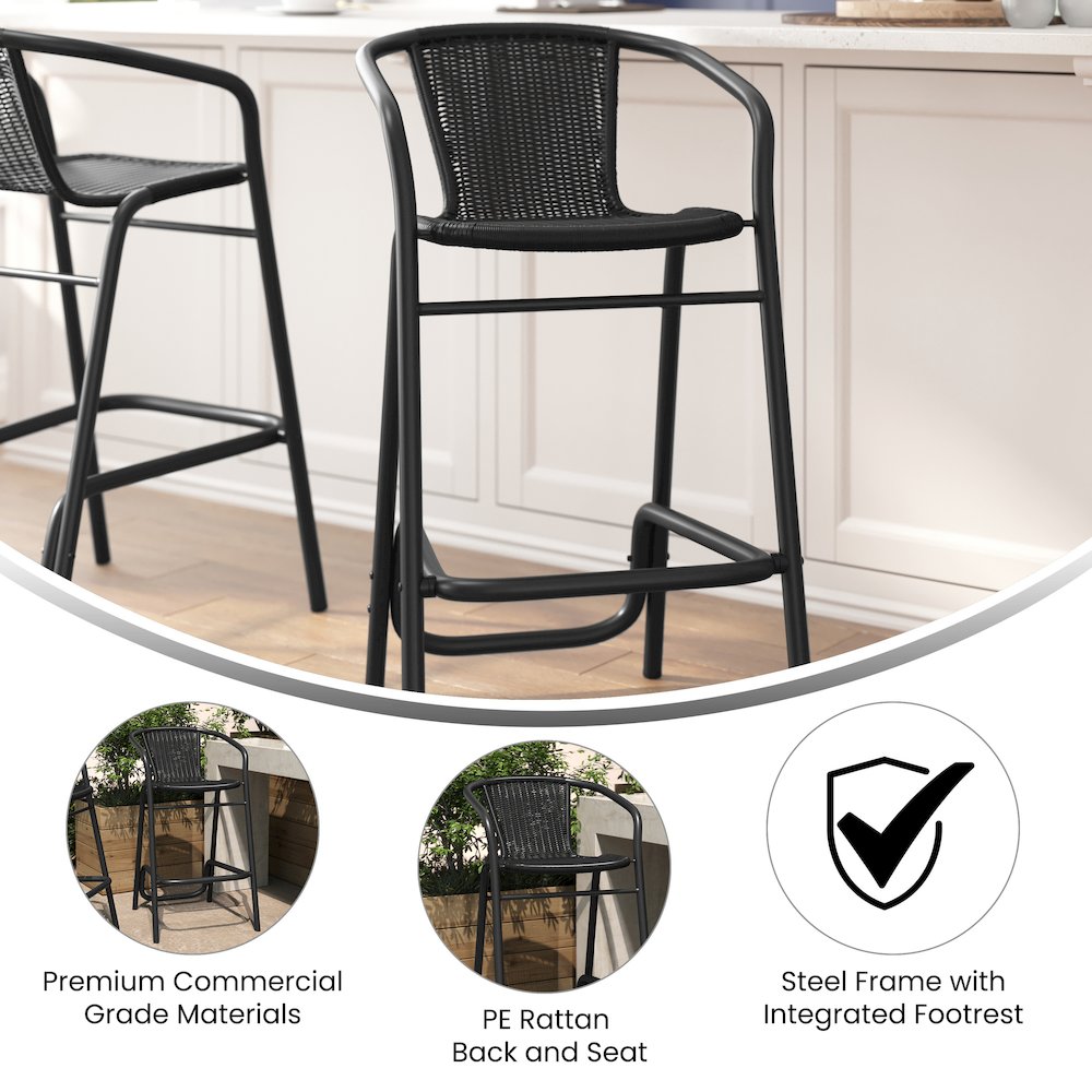 PE Rattan Restaurant Barstool with Black Aluminum Frame and Footrest in Black