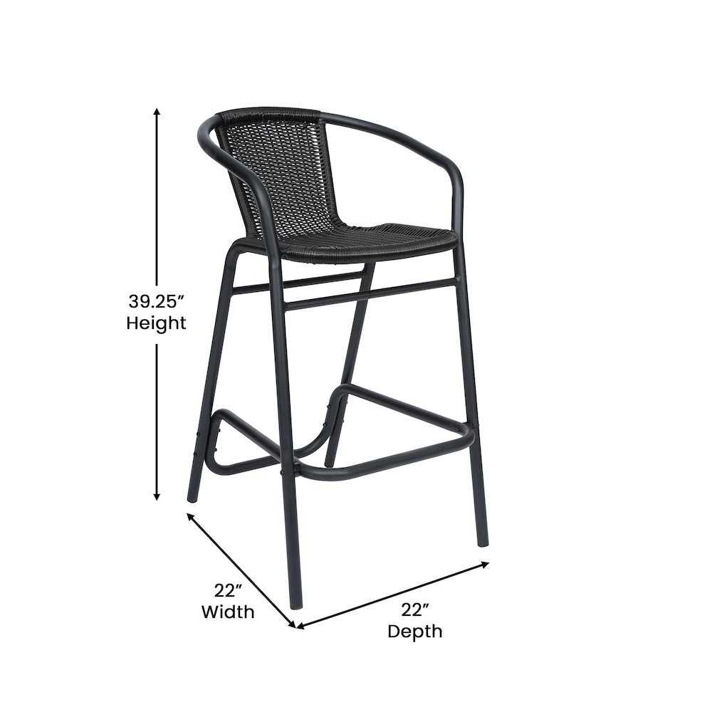 PE Rattan Restaurant Barstool with Black Aluminum Frame and Footrest in Black