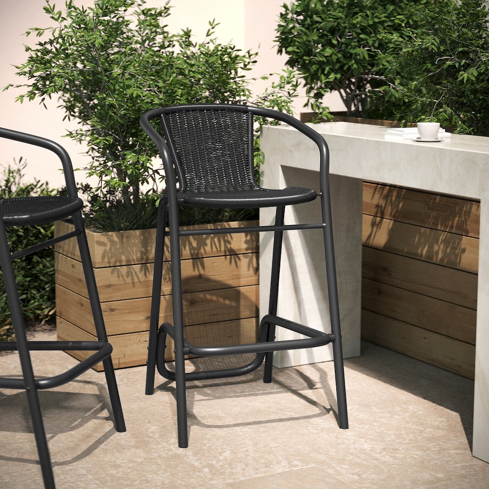 PE Rattan Restaurant Barstool with Black Aluminum Frame and Footrest in Black