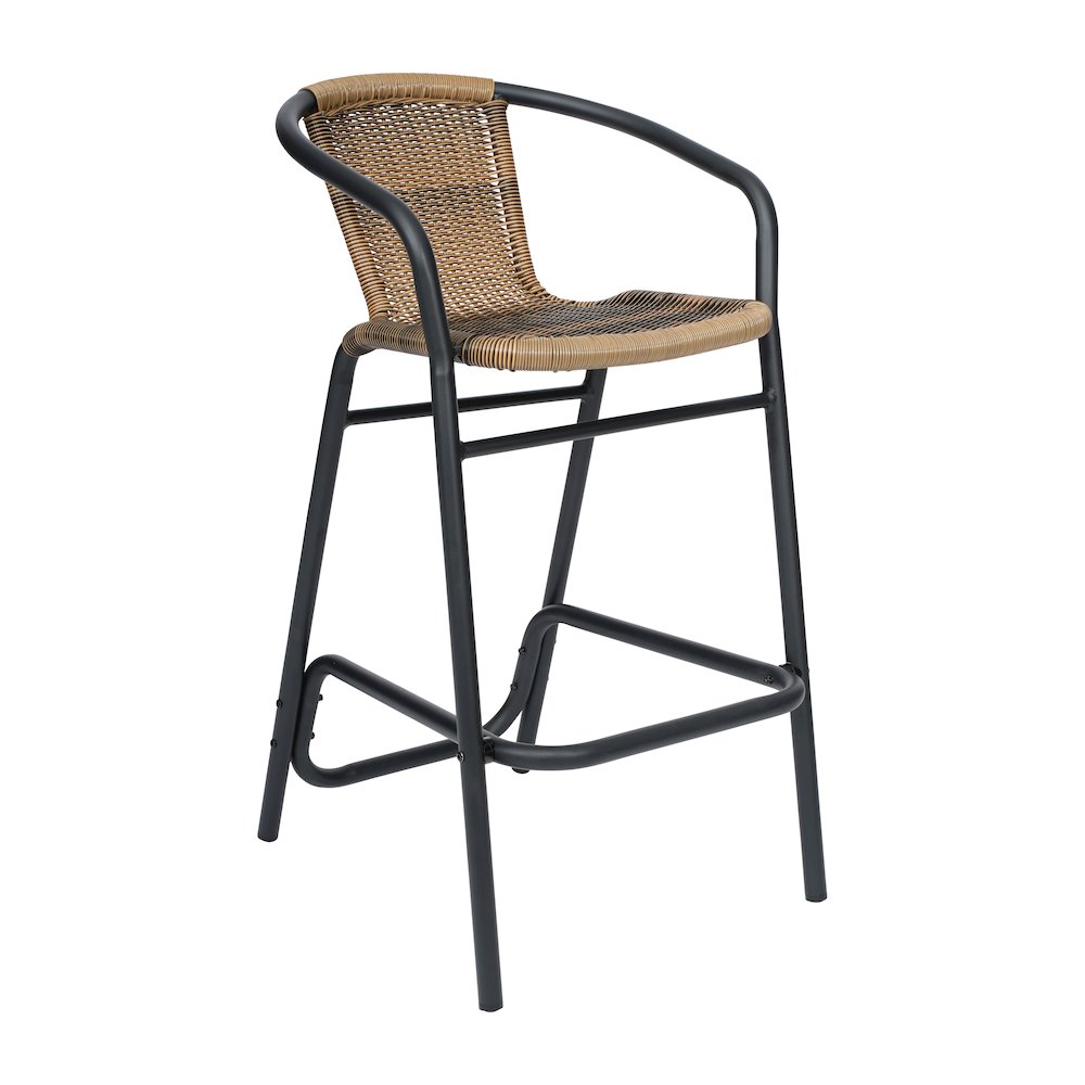 Rattan Restaurant Barstool with Black Aluminum Frame and Footrest