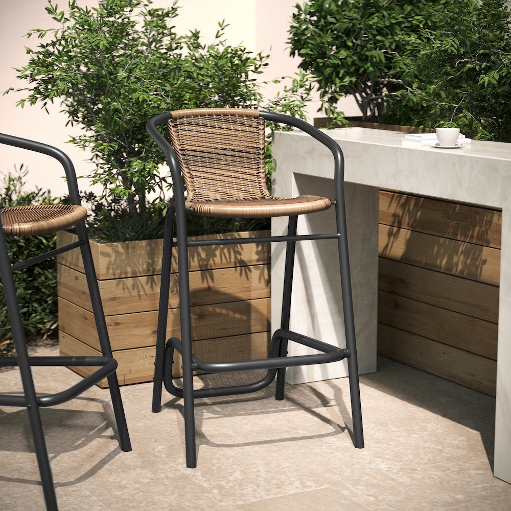 Rattan Restaurant Barstool with Black Aluminum Frame and Footrest