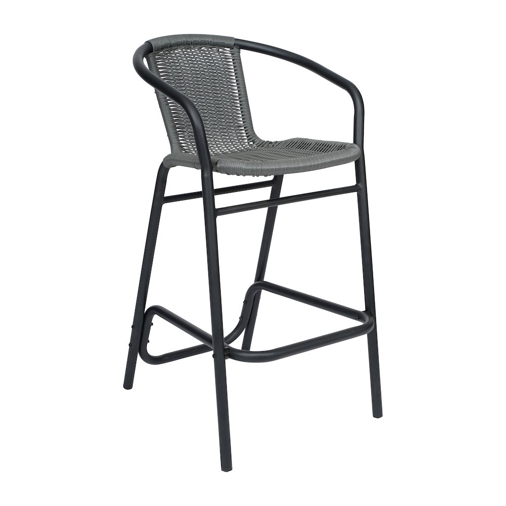 PE Rattan Restaurant Barstool with Black Aluminum Frame and Footrest in Gray