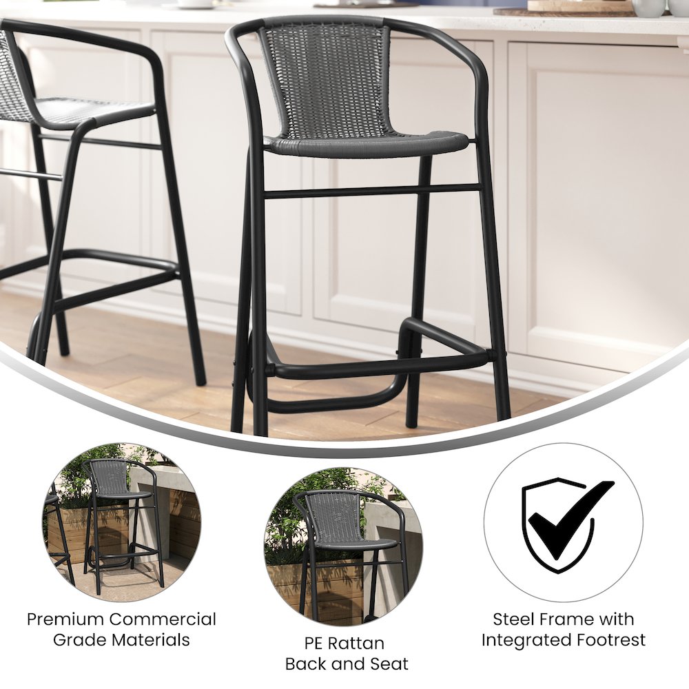 PE Rattan Restaurant Barstool with Black Aluminum Frame and Footrest in Gray