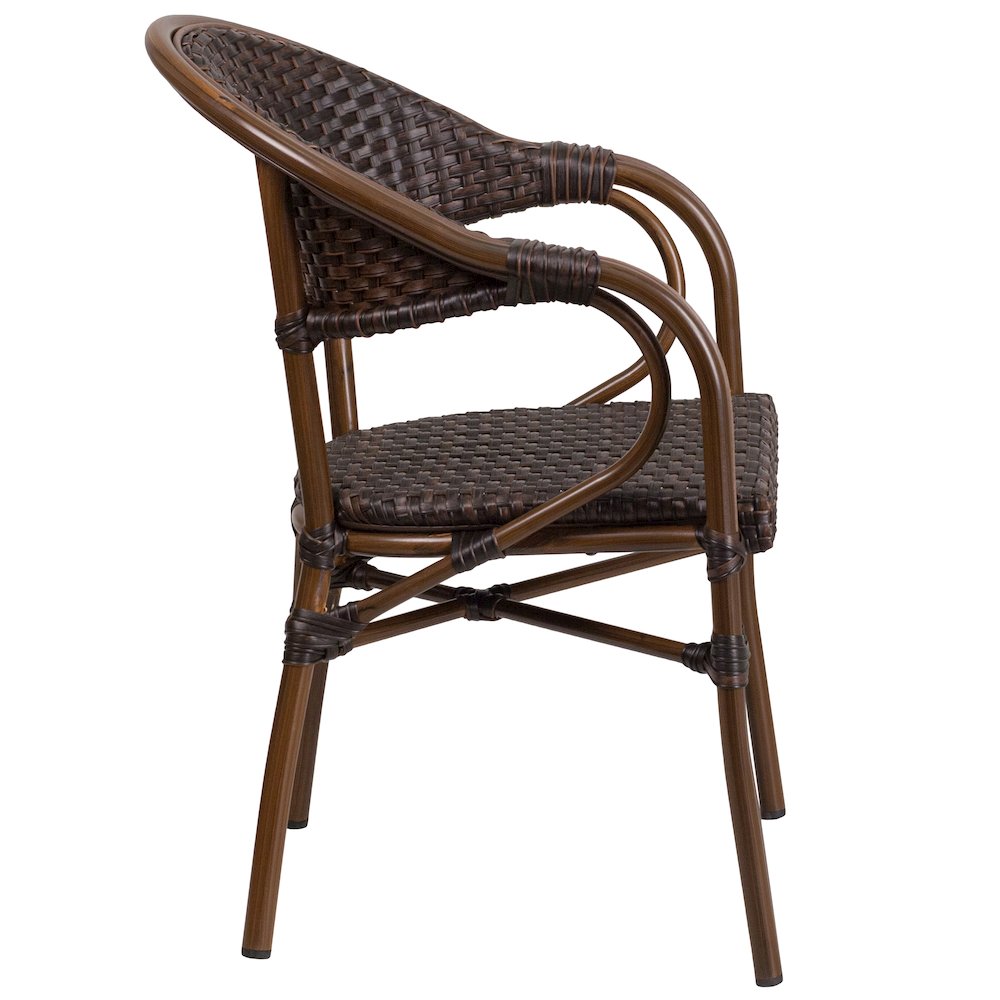 o Dark Brown Rattan Restaurant Patio Chair with Red Bamboo-Aluminum Frame