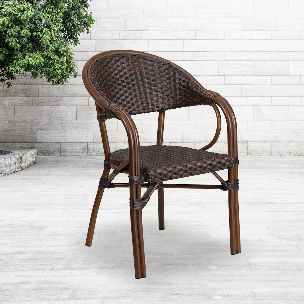 o Dark Brown Rattan Restaurant Patio Chair with Red Bamboo-Aluminum Frame