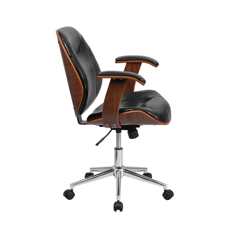 Mid-Back Black Executive Ergonomic Wood Swivel Office Chair with Arms