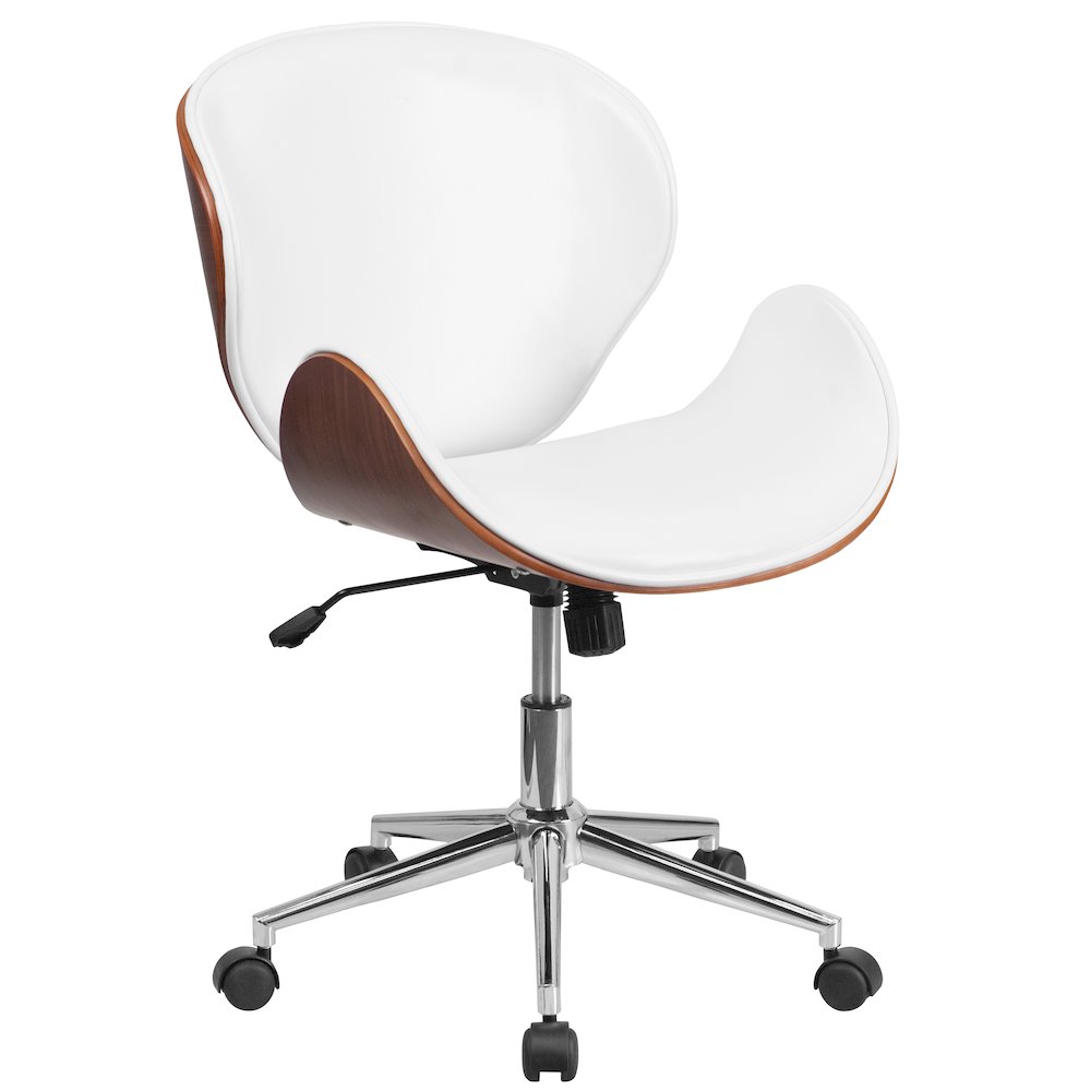 Mid-Back Walnut Wood Conference Office Chair in White LeatherSoft
