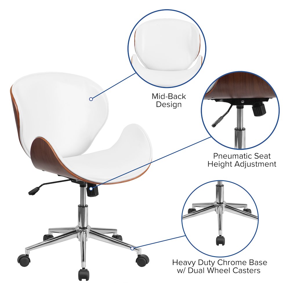 Mid-Back Walnut Wood Conference Office Chair in White LeatherSoft