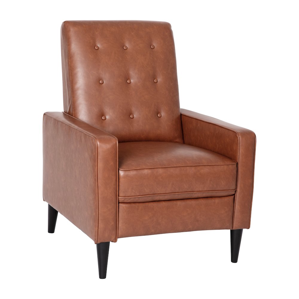 Upholstered Button Tufted Pushback Recliner in Cognac Brown for Residential