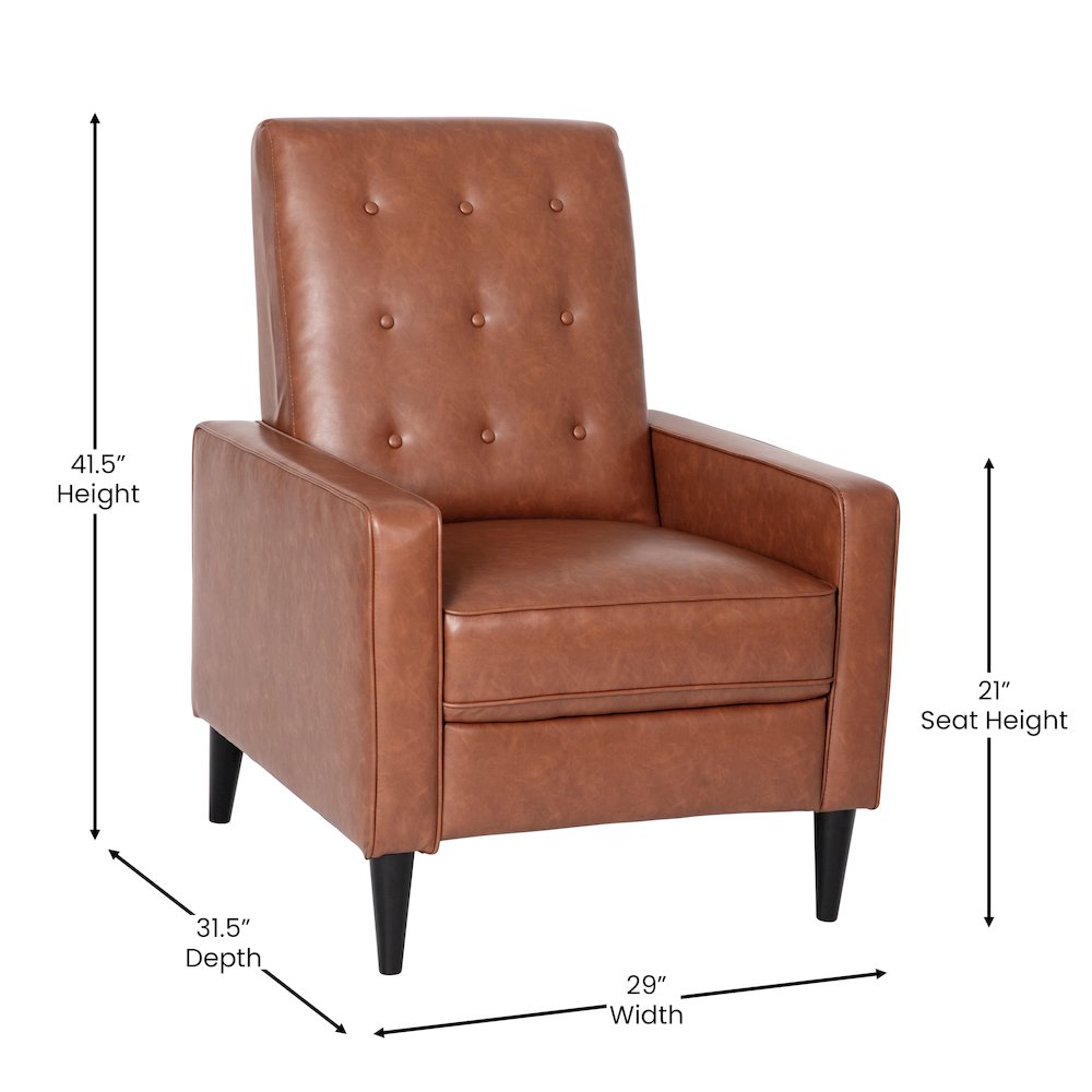 Upholstered Button Tufted Pushback Recliner in Cognac Brown for Residential